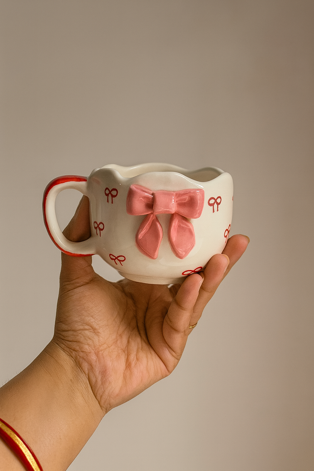 Cute Bow Ceramic Mug – Handcrafted 3D Ribbon Design