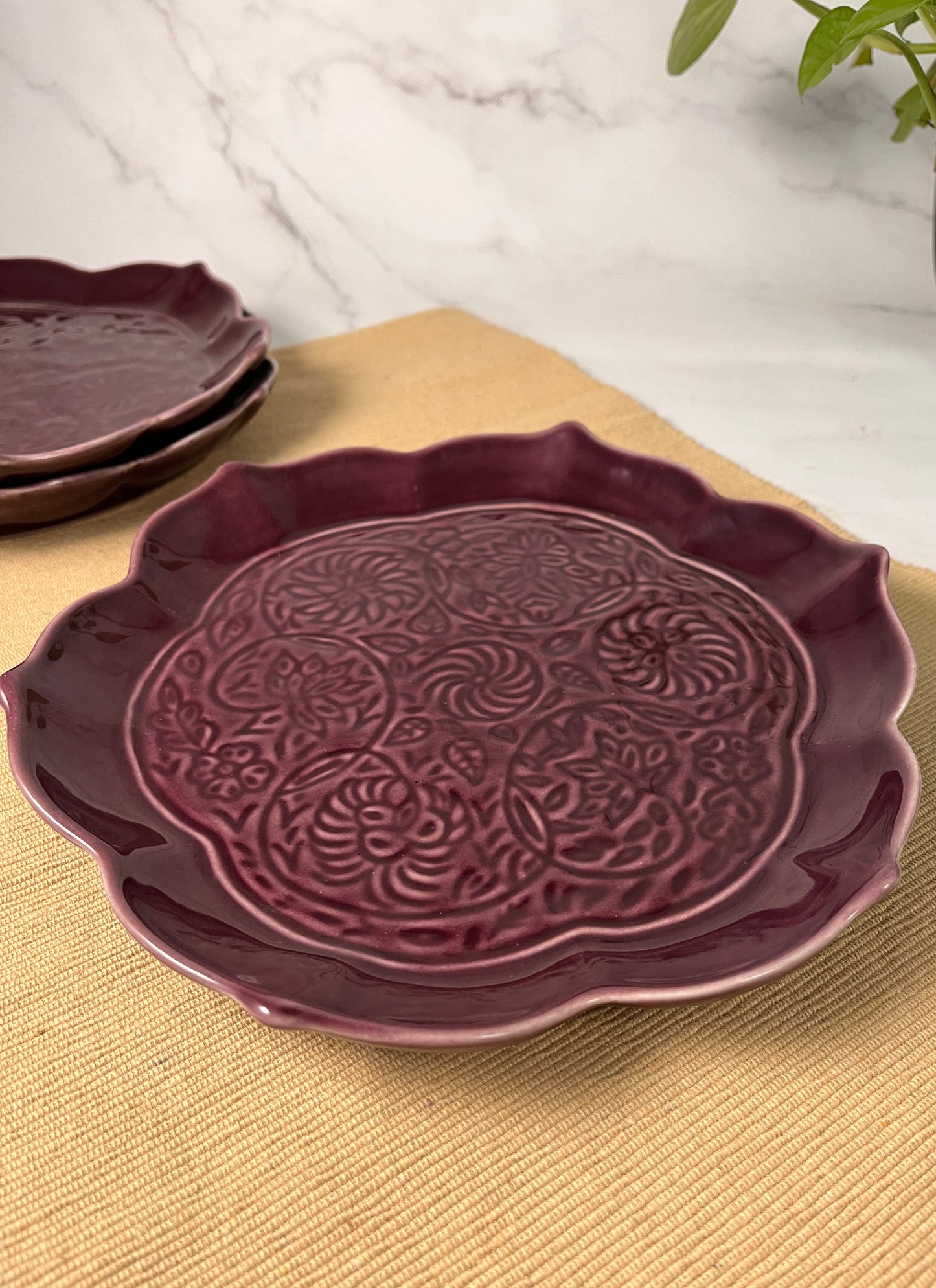 Burgundy Blossom Ceramic Serving Plate