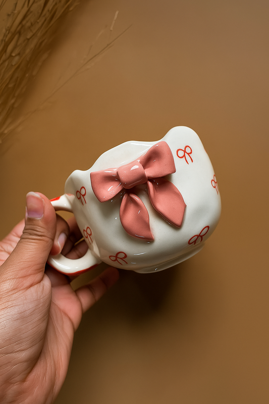 Cute Bow Ceramic Mug – Handcrafted 3D Ribbon Design