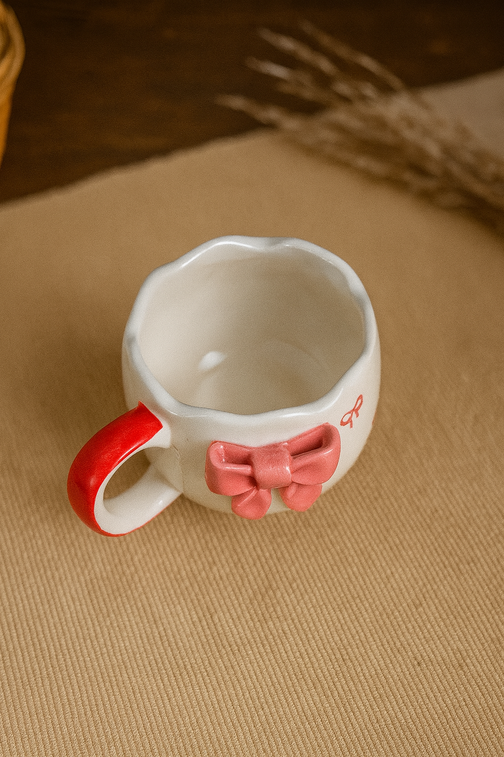 Cute Bow Ceramic Mug – Handcrafted 3D Ribbon Design