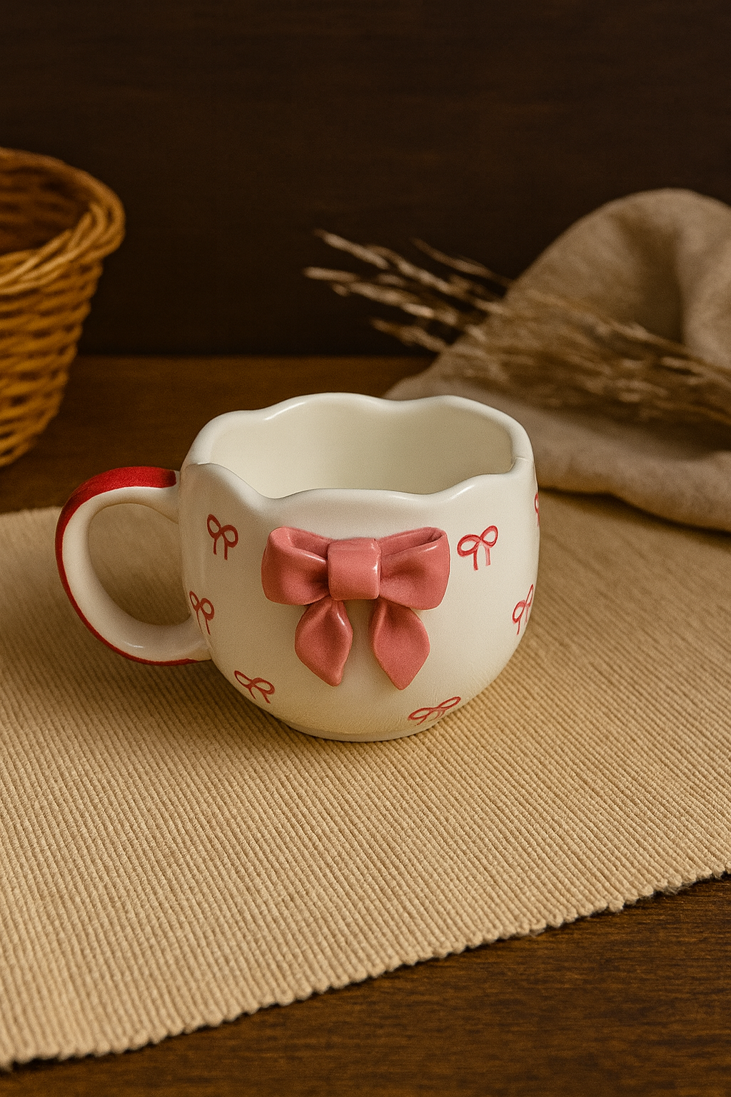 Cute Bow Ceramic Mug – Handcrafted 3D Ribbon Design